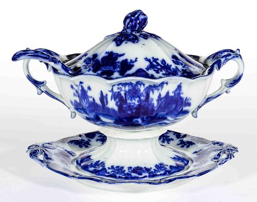 ENGLISH FLOW BLUE "SCINDE" IRONSTONE SOUP TUREEN WITH UNDERTRAY AND LADLE