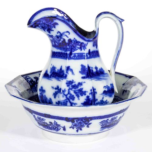 WEDGWOOD "CHAPOO" FLOW BLUE TRANSFER-PRINTED IRONSTONE WASH BASIN AND PITCHER