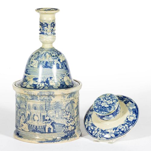 STAFFORDSHIRE CHINOISERIE MOTIF TRANSFER-PRINTED CERAMIC PARTIAL TWO-PIECE SMOKER'S SET