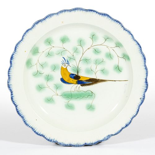 ENGLISH PEARLWARE HAND-PAINTED PEAFOWL SHELL-EDGE PLATE