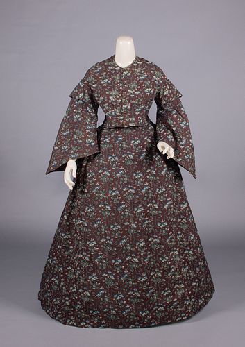 RESIST DYED & PRINTED WOOL DAY DRESS, c. 1860