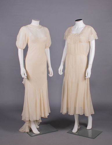 TWO SILK CHIFFON OR CREPE EVENING DRESSES, LATE 1920-1930s