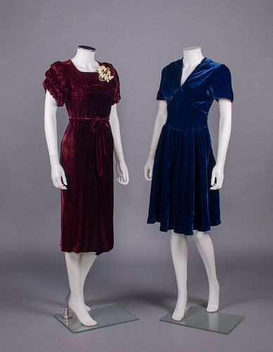 TWO VELVET PARTY DRESSES, LATE 1930s