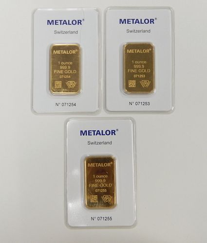 (3) Metalor Mint Fine Gold 1 Troy Oz. Bars.