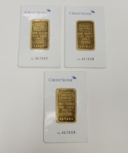 (3) Credit Suisse Mint Fine Gold 1 Troy Oz. Bars.
