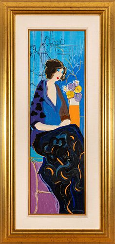 ITZCHAK TARKAY, Lady Posing with Flowers, Embellished Serigraph