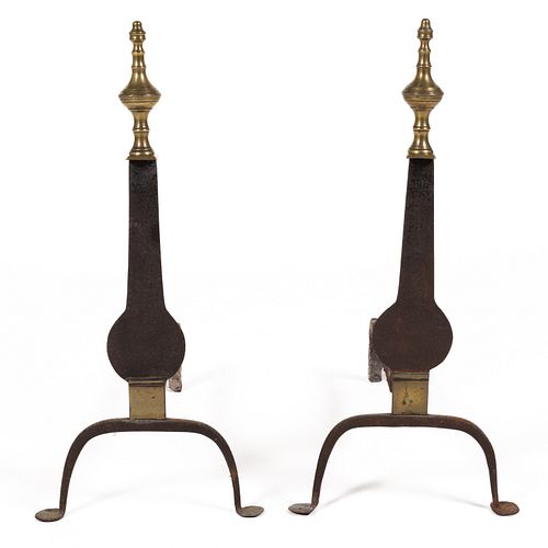 WROUGHT-IRON AND BRASS ANDIRONS, PAIR