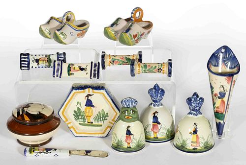FRENCH HENRIOT QUIMPER HAND-PAINTED FAIENCE CERAMIC ARTICLES, LOT OF 13