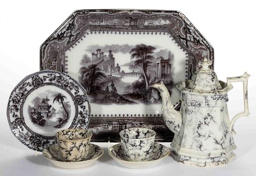 ENGLISH FLOW MULBERRY TRANSFER-PRINTED IRONSTONE COFFEE AND TABLE ARTICLES, LOT OF SEVEN