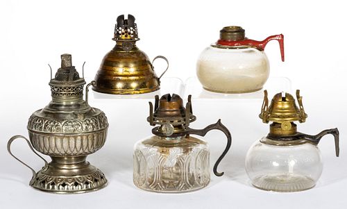 ASSORTED GLASS AND METAL KEROSENE FINGER LAMPS, LOT OF FIVE,