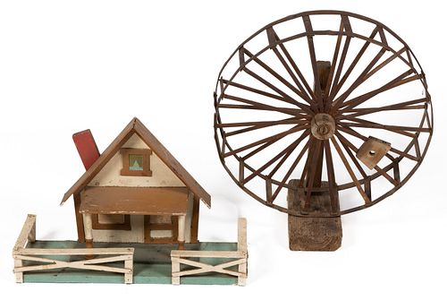 AMERICAN FOLK ART HOUSE AND WHEEL, LOT OF TWO