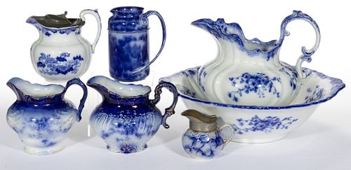 AMERICAN / ENGLISH FLOW BLUE CERAMIC ARTICLES, LOT OF SEVEN