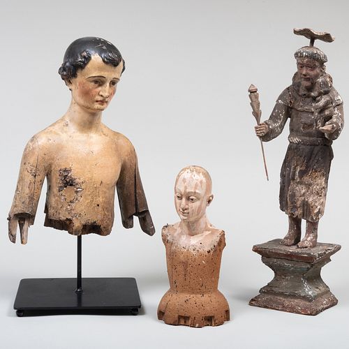 Group of Three Polychromed Wood Creche Figures