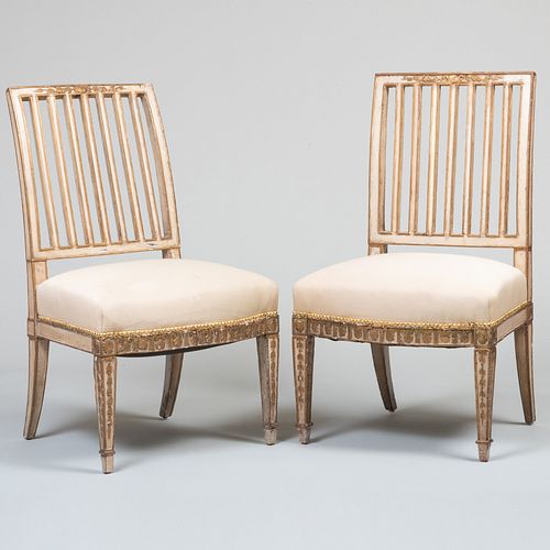 Pair of Italian Neoclassical Painted and Parcel-Gilt Side Chairs