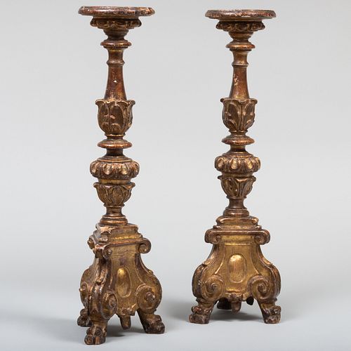Pair of Baroque Style Carved Giltwood Altar Sticks