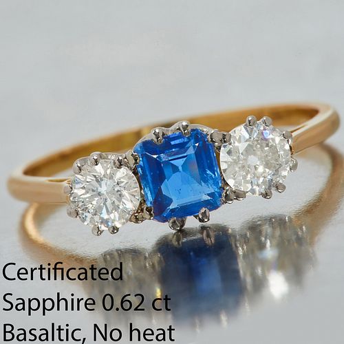 CERTFICATED SAPPHIRE AND DIAMOND 3-STONE RING