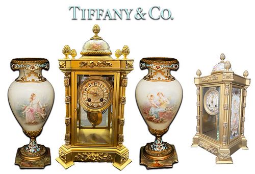 19th C. TIFFANY & Co. Sevres Champleve Bonze Clock Set