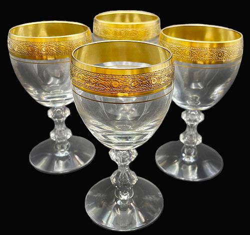 A Set Of Four 19th C. Westchester By Tiffin-Franciscan Gold Encrusted Band Crystal Wine Glasses
