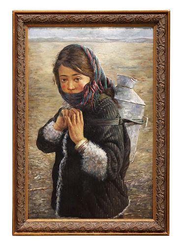 Rural Girl with Milk Pot, A Large Oil On Canvas Painting, Signed
