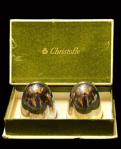 A Pair of French Christofle Silver Plated Bullet Design Salt & Pepper Shakers, Boxed