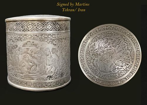 A Persian Engraved Silver Trinket Jewelry Box, Signed