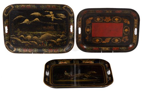 AMERICAN OR ENGLISH PAINT-DECORATED TOLEWARE TRAYS, LOT OF THREE