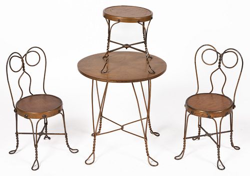 WIRE ICE CREAM TABLE AND CHAIRS, LOT OF FOUR