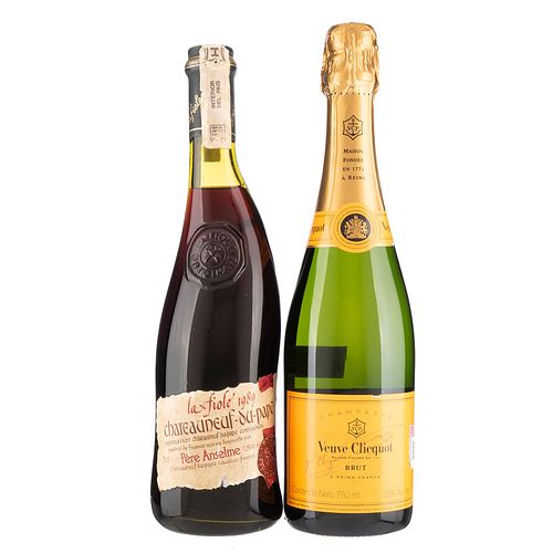 Lote de Champagne y Vino Tinto. Veuve Clicquot. Chateauneuf - Du - Pape. En presentaciones de 750 ml. Total de piezas: 2.