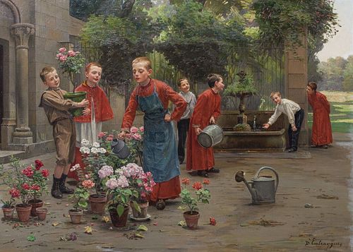 SCENE OF YOUNG MALE GARDENERS OIL PAINTING 