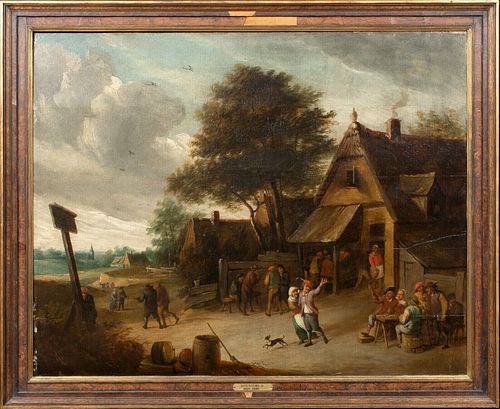 PEASANTS OUTSIDE A TAVERN OIL PAINTING