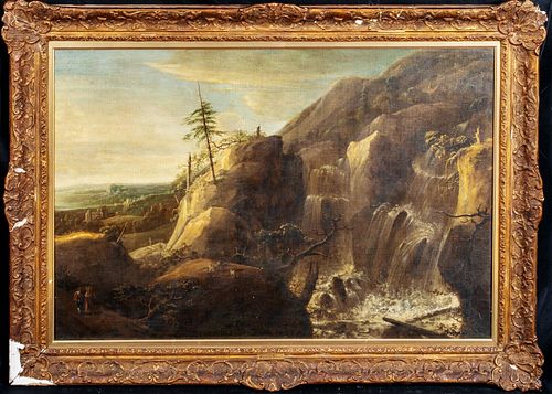  VIEW OF FIGURES IN A ROCKY WATERFALL LANDSCAPE OIL PAINTING