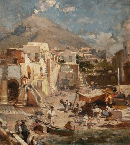  SCENE AT THE BAY OF NAPLES OIL PAINTING