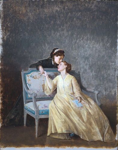 SCENE OF TWO WOMEN WITH A LOVE LETTER OIL PAINTING