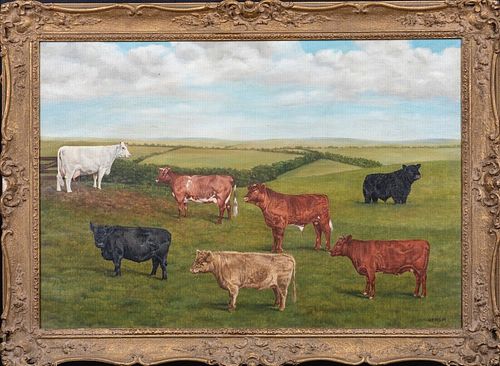 PORTRAIT OF PRIZE SHORTHORN & GALLOWAY CATTLE IN A LANDSCAPE OIL PAINTING