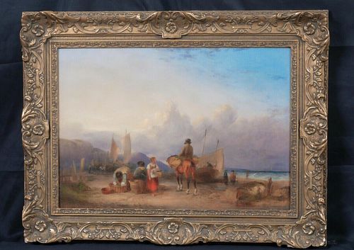 SCENE WITH FISHERFOLK ON THE BEACH OIL PAINTING