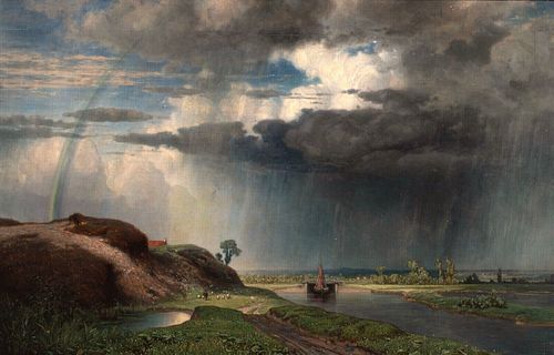 LANDSCAPE OF A PASSING STORM AND RAINBOW ON THE HORIZON OIL PAINITNG