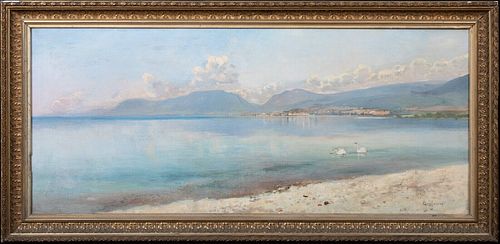 VIEW OF LAKE NEUCHÂTEL SWITZERLAND OIL PAINTING