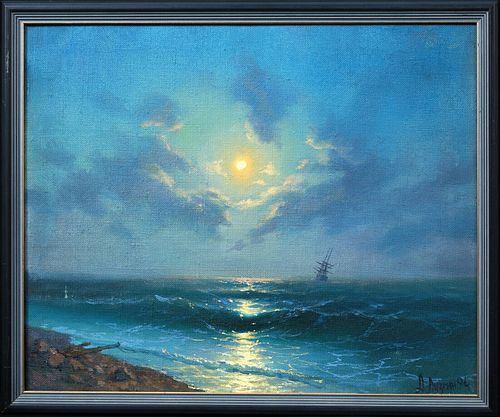SCENE OF A SHIP OFF THE COAST AT SUNSET OIL PAINTING