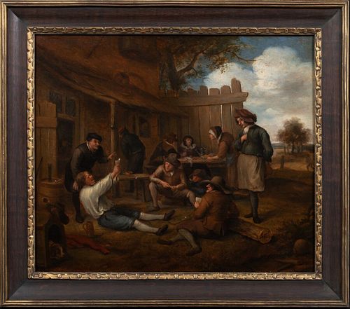 SCENE OF DRUNK PEASANTS OUTSIDE A TAVERN OIL PAINTING
