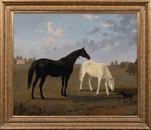PORTRAIT OF TWO HORSES AND A TERRIER IN A LANDSCAPE OIL PAINTING