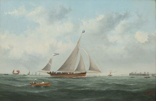 VIEW OF A PLEASURE BOAT OFF BRIGHTON PIER OIL PAINTING