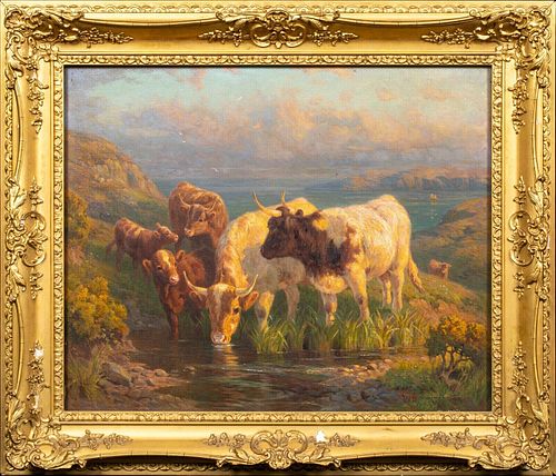 SCENE OF CATTLE ON THE CLIFFS AT LANDS END OIL PAINTING
