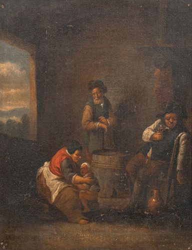  SCENE WITH TWO PEASANTS DRINKING AS A MOTHER POTTY TRAINS A BABY OIL PAINTING