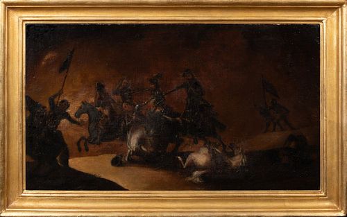 CARVALY SKIRMISH AT NIGHT OIL PAINTING