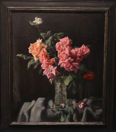 STILL LIFE STUDY OF PINK AND RED ROSES OIL PAINTING