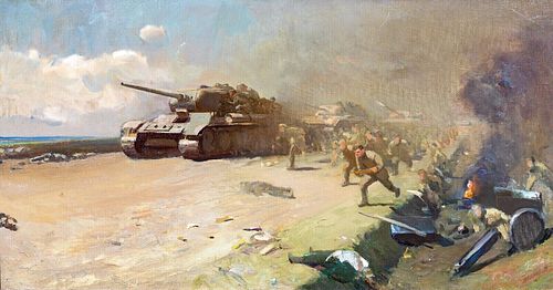  WWII RUSSIAN T-34 TANKS & INFANTRY BATTLE SCENE OIL PAINTING