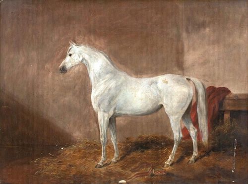 PORTRAIT OF A WHITE HORSE IN A BOX OIL PAINTING