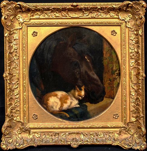 PORTRAIT OF A HORSE AND CAT OIL PAINTING