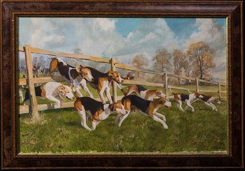 HOUNDS HUNTING FOX HUNT LANDSCAPE OIL PAINTING