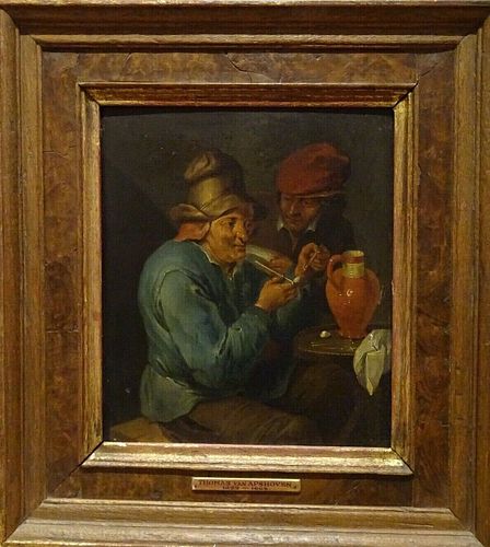 SCENE OF PEASANTS SMOKING IN A TAVERN OIL PAINTING